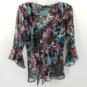 Vtg Y2K Versailles Sheer Top Sz M Black Front Tie Ruffle Collar Flounce Sleeves